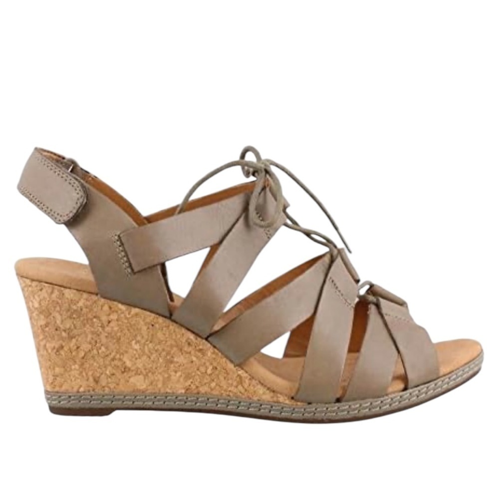 Clarks Women's Helio Mindin Cork Wedge Open Toe Strappy Lace Up Sandals